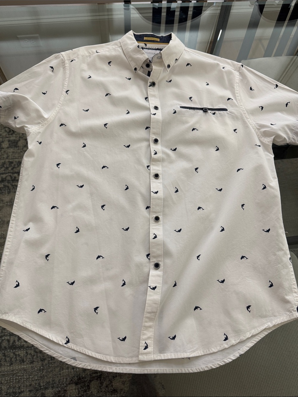 Men's White Short-Sleeve Button-Down Shirt with Navy Micro Print